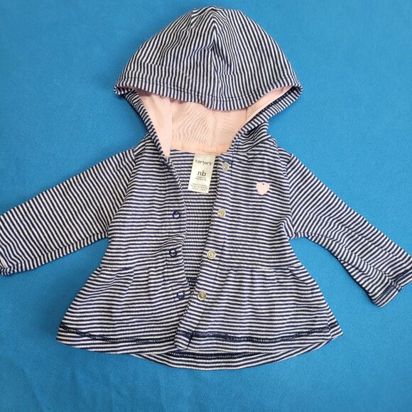 Carter's Newborn Blue Striped Pink Heart Hooded Jacket Baby Girl Snaps - Picture 1 of 9